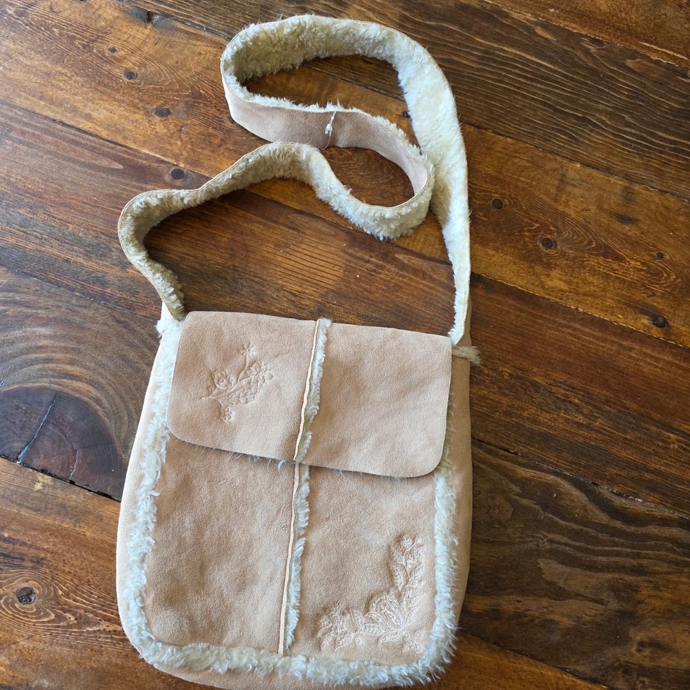 Old Navy Faux Suede Sherpa Trim Embroidered Flap Crossbody‎ Bag Purse
